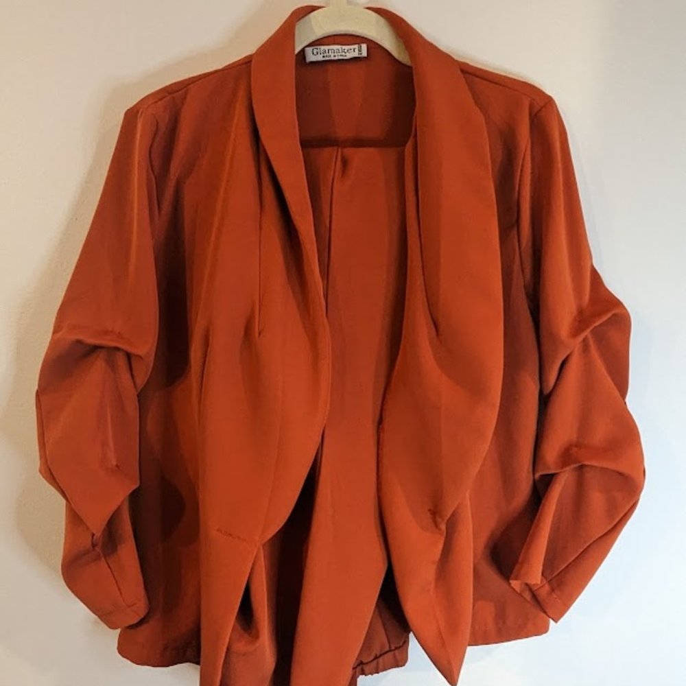 Glamaker: Orange Business Casual Ruched Sleeves Blazer, Size Medium